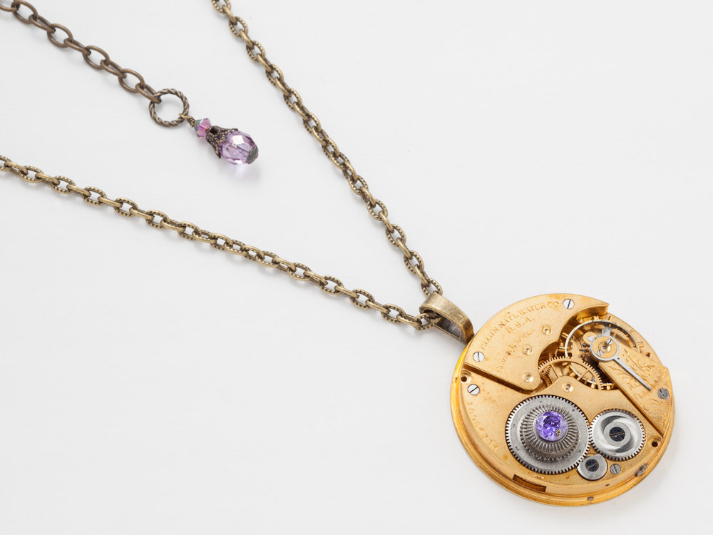 Steampunk Necklace gold Elgin pocket watch movement gears amethyst purple crystal unisex mens womens