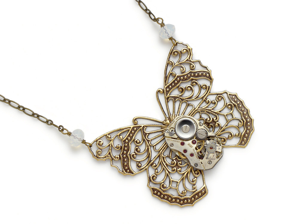 Steampunk Necklace gold filigree butterfly antique watch movement Swarovski crystal