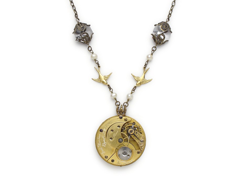 Steampunk Necklace gold guilloche key wind Elgin pocket watch antique 1890 15 ruby jewel genuine pearl chandelier crystal flying bird swallow filigree vintage pendant