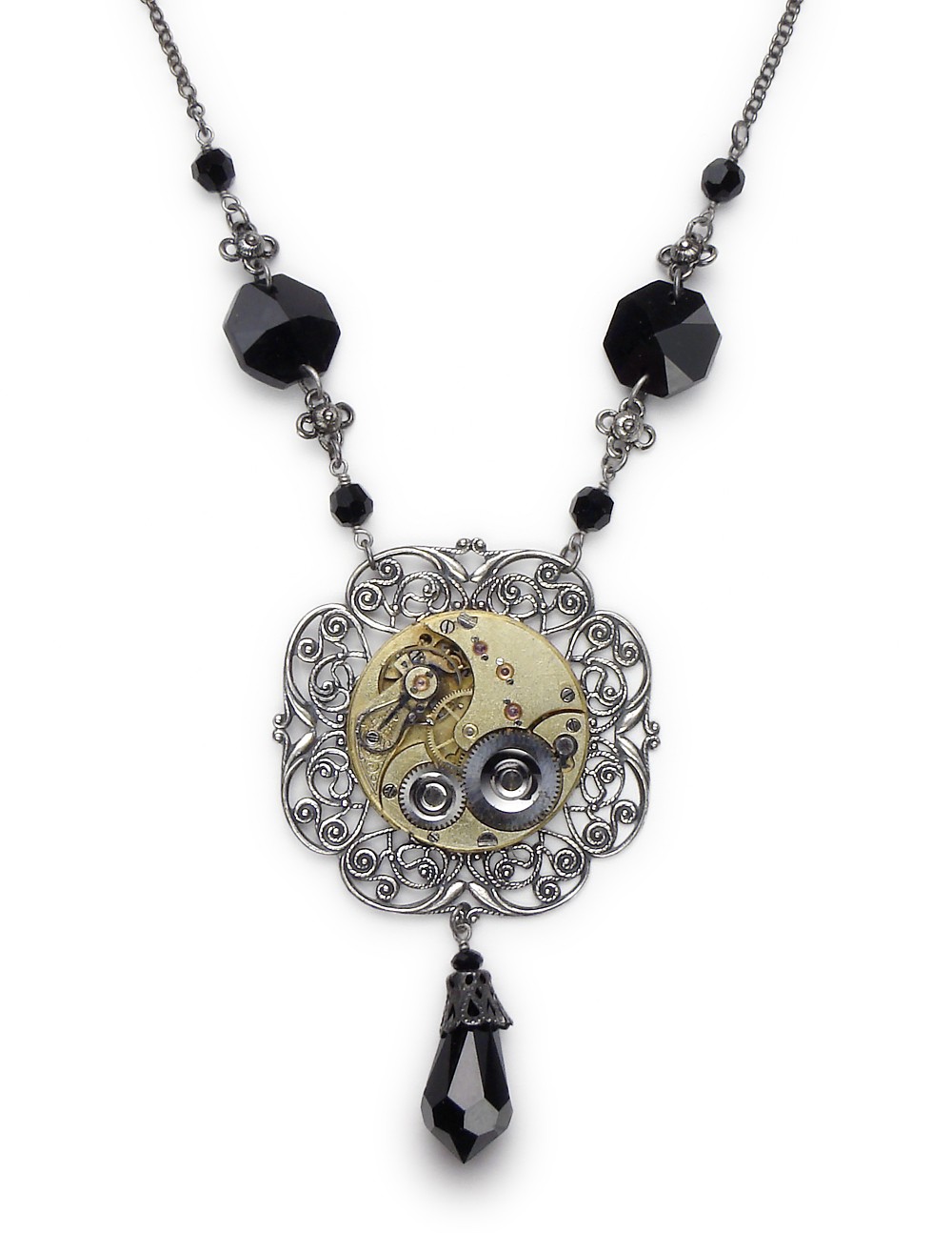 Steampunk Necklace gold guilloche pocket watch gears silver filigree antique 1900 faceted black Swarovski crystal beads briolette chandelier vintage pendant