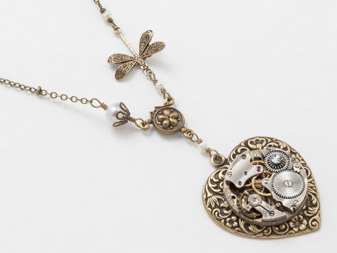 Steampunk Necklace Gold Heart Pendant Antique Watch Movement on a Victorian Flower Repousse Heart with Pearl Crystal Dragonfly