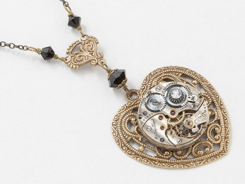Steampunk Necklace Gold Heart Pendant with Antique Silver Watch Movement on Victorian Flower Filigree with Black Swarovski Crystal