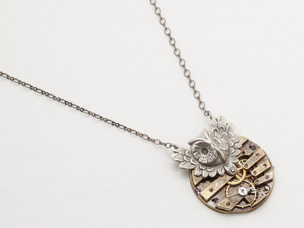 Steampunk Necklace gold key handmade pocket watch movement gears silver Victorian Owl Steampunk jewelry Statement Necklace