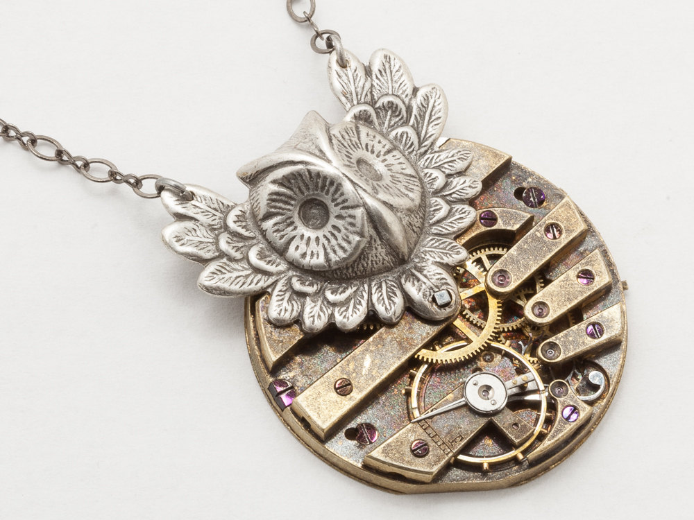 Steampunk Necklace gold key handmade pocket watch movement gears silver Victorian Owl Steampunk jewelry Statement Necklace