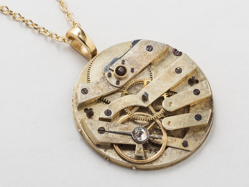 Steampunk Necklace gold key pocket watch movement gears Antique Victorian unisex men women Steampunk jewelry Statement Necklace