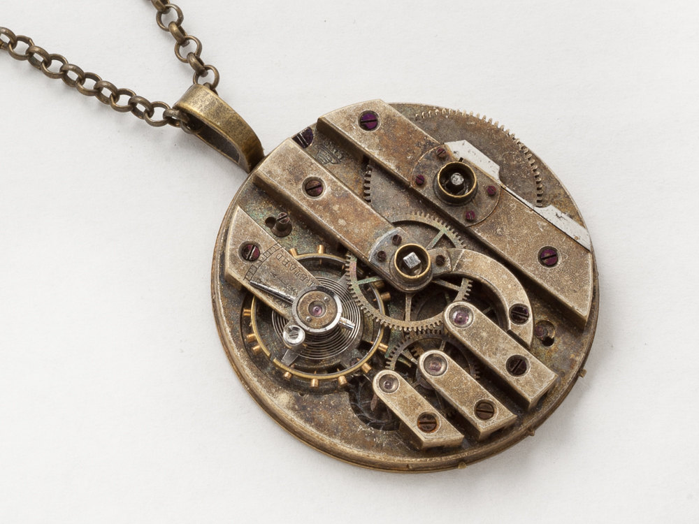 Steampunk Necklace gold key pocket watch movement gears Antique Victorian unisex pendant Steampunk jewelry Statement Necklace