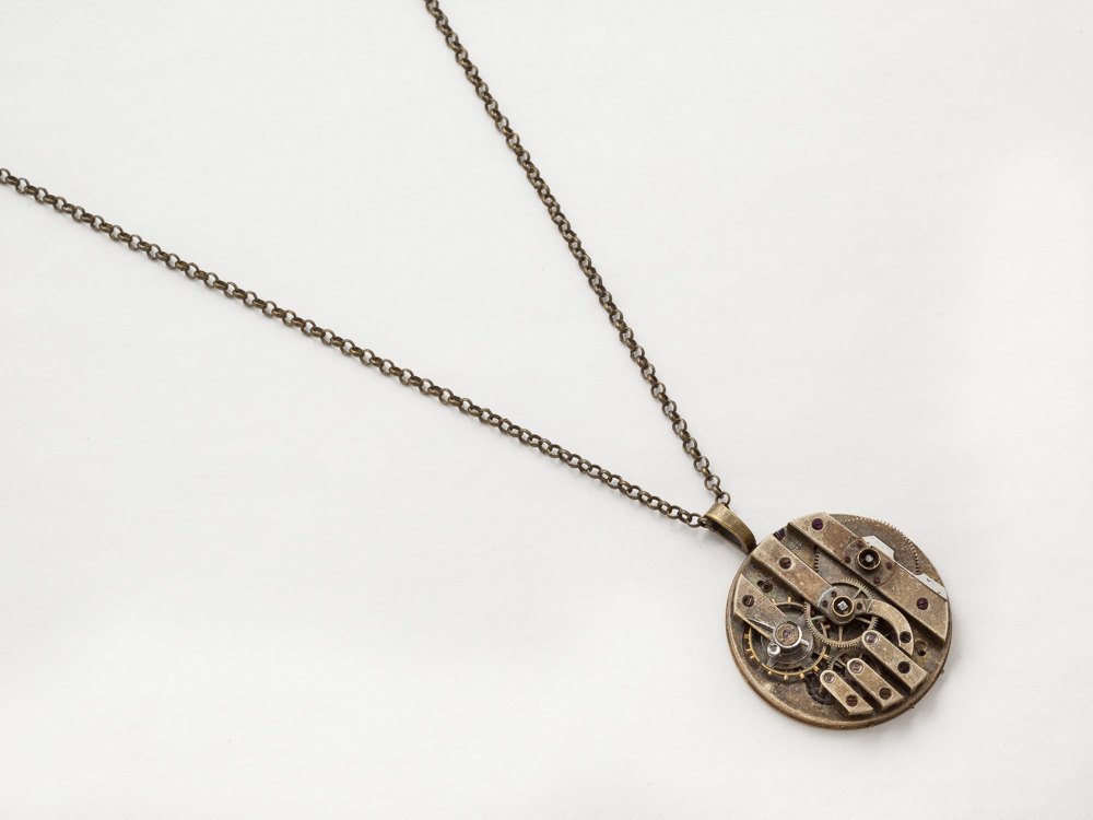 Steampunk Necklace gold key pocket watch movement gears Antique Victorian unisex pendant Steampunk jewelry Statement Necklace