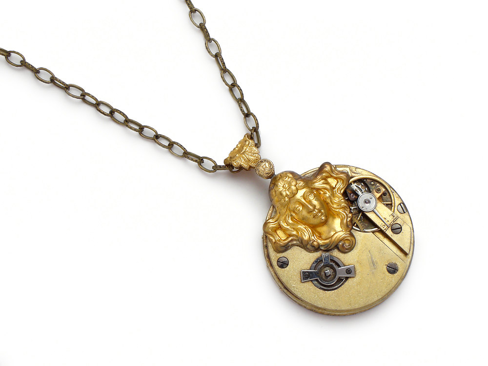 Steampunk Necklace gold key wind pocket watch antique 1880 floral Art nouveau goddess