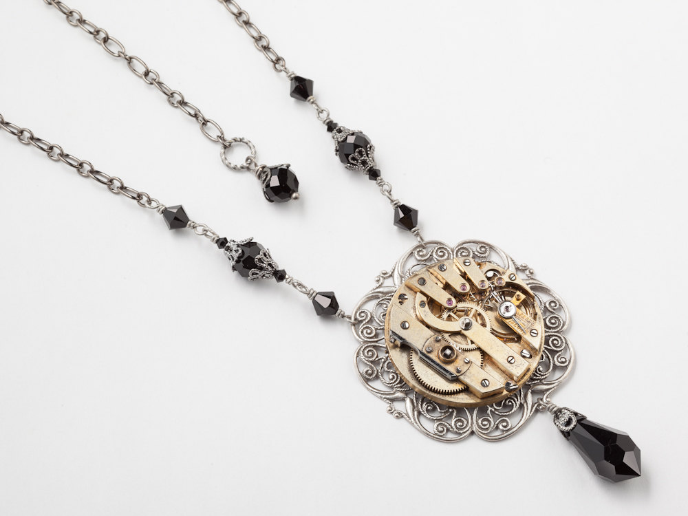 Steampunk Necklace gold key wind pocket watch movement gears silver Victorian filigree black crystal jewelry