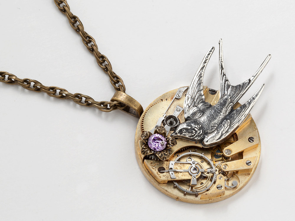 Steampunk Necklace gold key wind watch movement gears flower purple crystal silver swallow bird