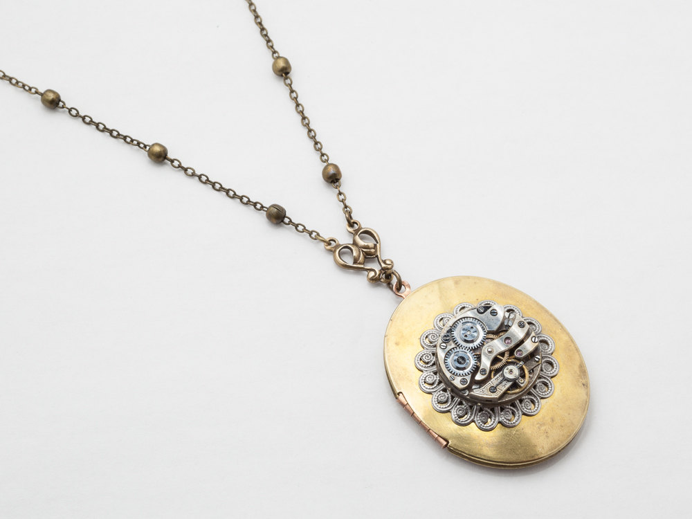 Steampunk Necklace Gold Locket watch movement gears silver flower filigree leaf Victorian Statement Necklace Steampunk jewelry