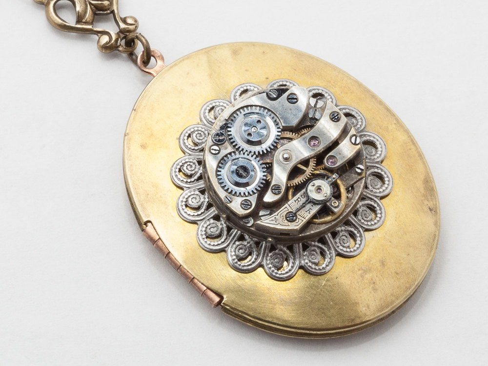 Steampunk Necklace Gold Locket watch movement gears silver flower filigree leaf Victorian Statement Necklace Steampunk jewelry