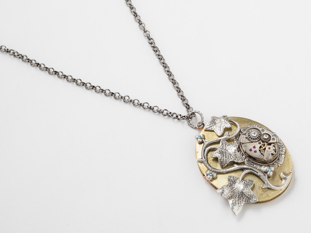 Steampunk Necklace gold locket watch movement gears silver leaf ivy blue crystal