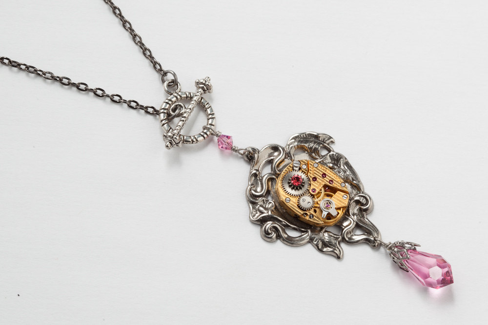 Steampunk Necklace gold pinstripe Hamilton watch movement gears pink crystal Art Nouveau silver flower jewelry