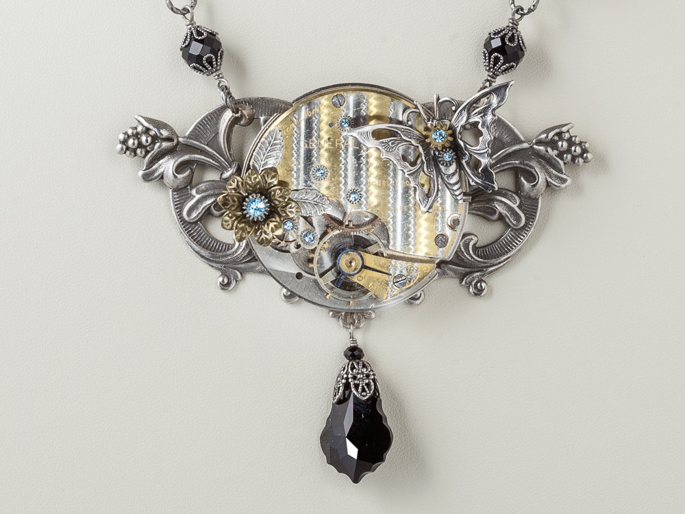 Steampunk Necklace gold pocket watch blue black crystal silver leaf padlock key flower butterfly Statement Steampunk Jewelry