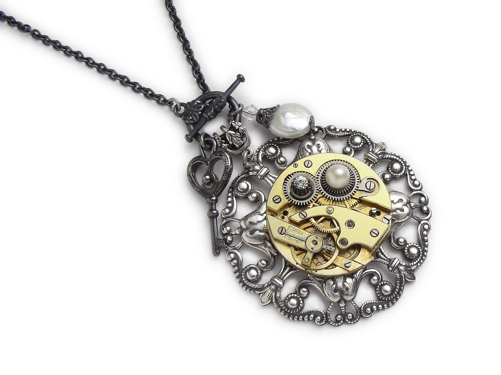 Steampunk Necklace gold pocket watch gears filigree antique 1900 antiqued silver flower skeleton key charm genuine pearl and Swarovski crystal stone vintage pendant