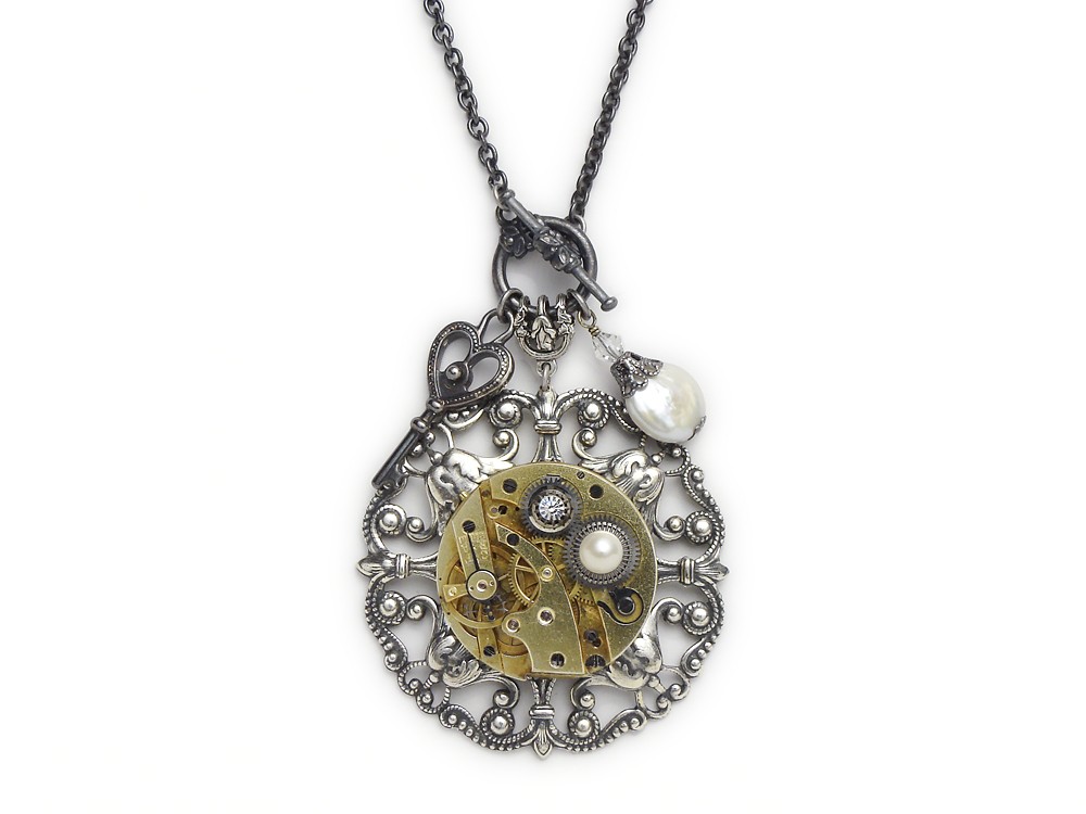 Steampunk Necklace gold pocket watch gears filigree antique 1900 antiqued silver flower skeleton key charm genuine pearl and Swarovski crystal stone vintage pendant