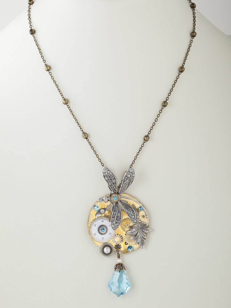 Steampunk Necklace gold pocket watch gears pearl blue crystal silver dragonfly leaf filigree Steampunk jewelry