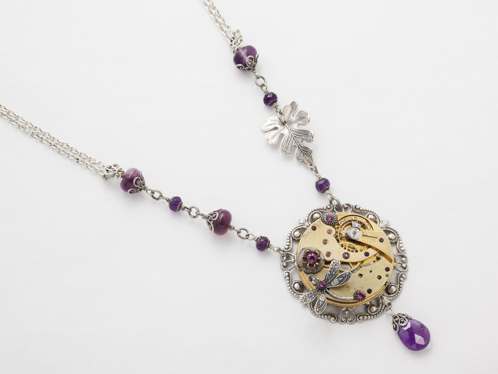 Steampunk Necklace gold pocket watch movement filigree silver dragonfly leaf flower Amethyst purple crystal Steampunk Jewelry