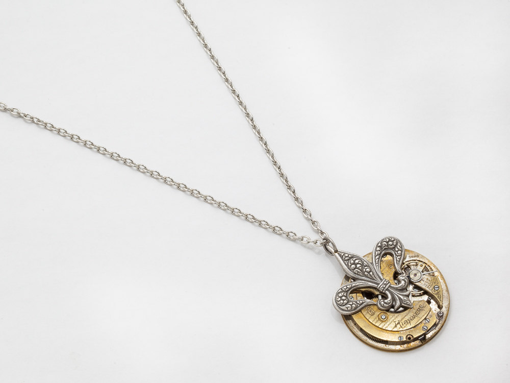 Steampunk Necklace gold pocket watch movement Fleur de lis silver pendant Victorian statement necklace Steampunk jewelry