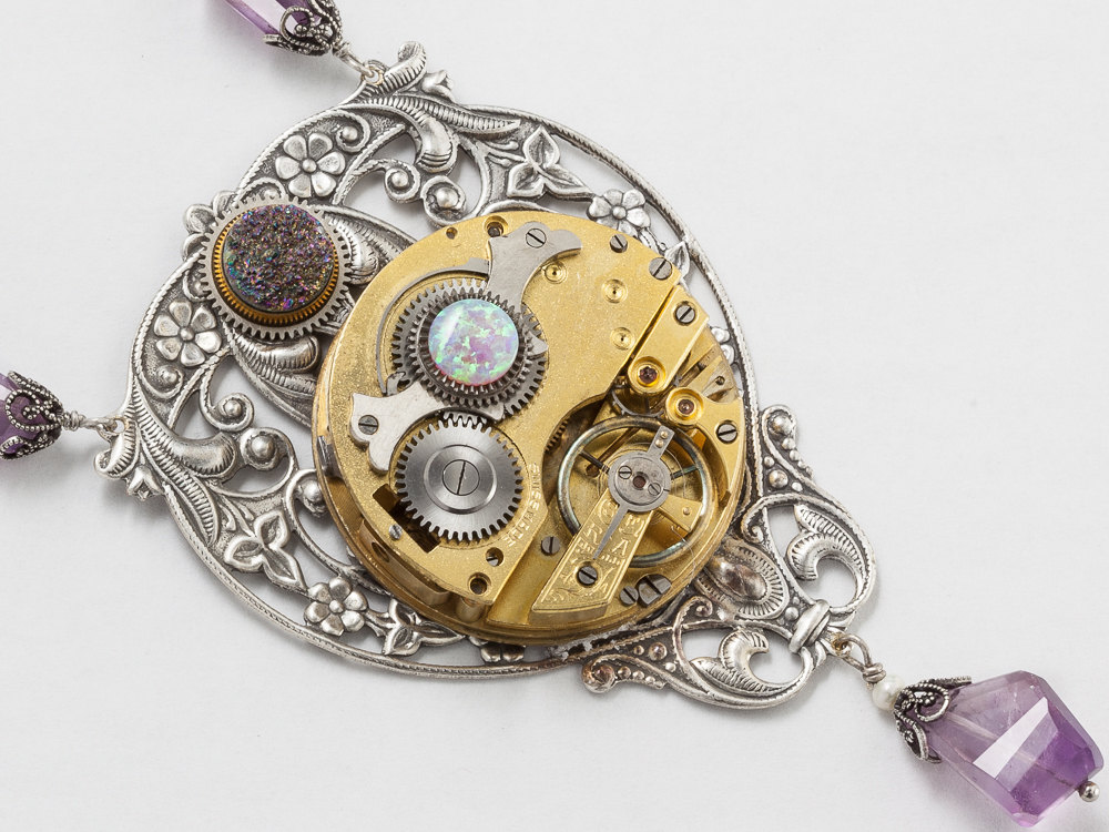 Steampunk Necklace gold pocket watch movement gears Amethyst Opal Druzy silver leaf bird filigree Couture Statement Necklace