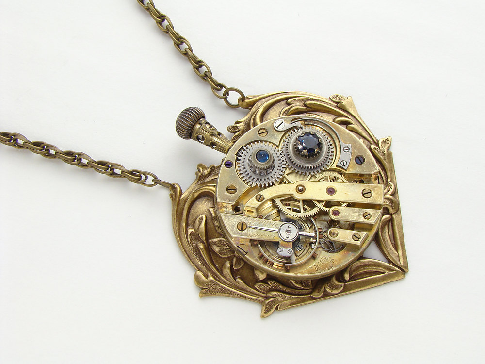 Steampunk necklace gold pocket watch movement gears Blue Sapphire heart flower leaf
