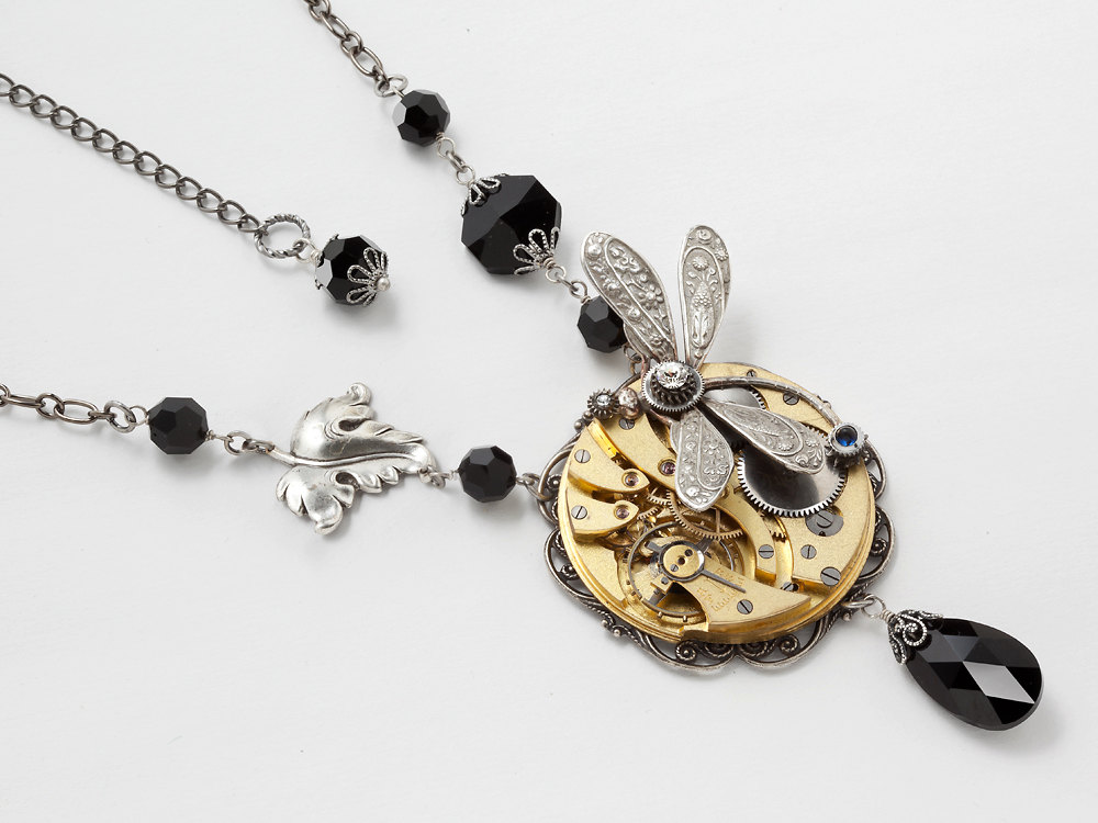 Steampunk Necklace gold pocket watch movement gears silver Victorian filigree dragonfly leaf black crystal