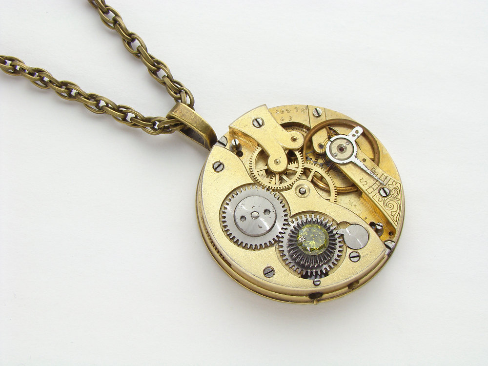 Steampunk Necklace gold pocket watch movement guilloche engraved olivine green crystal unisex