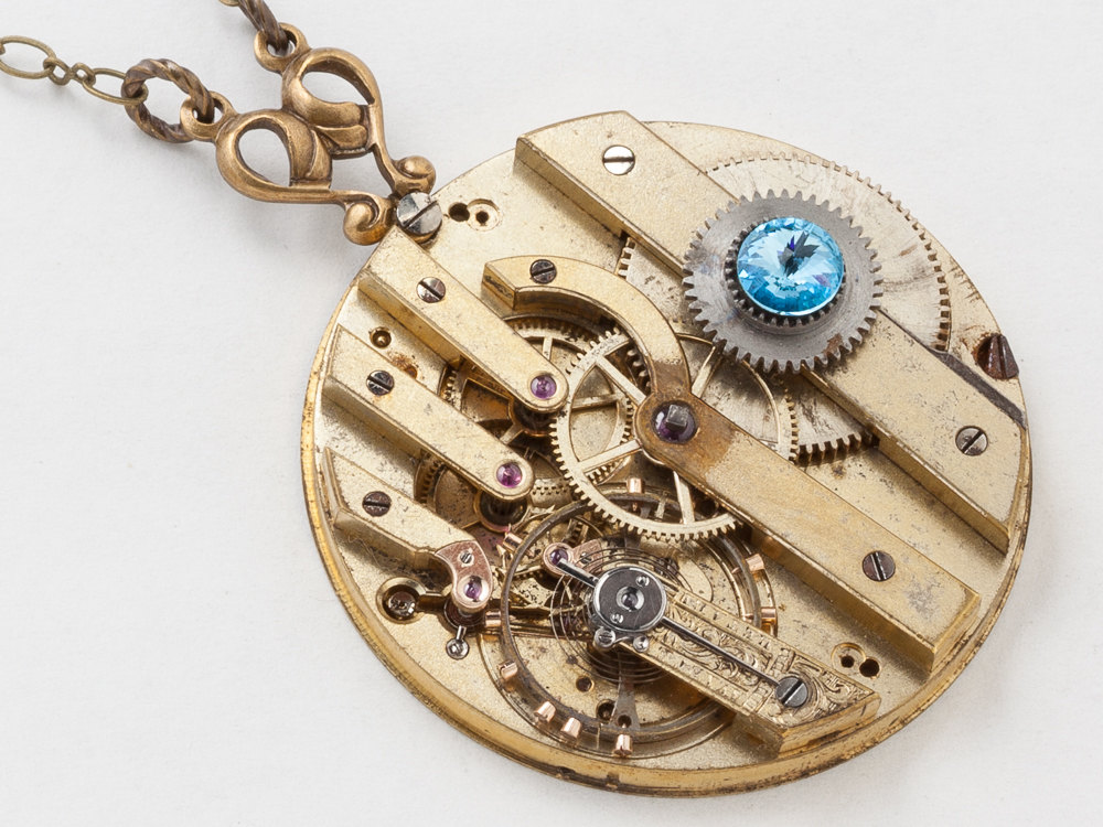Steampunk Necklace gold pocket watch movement key wind gears Antique Victorian pendant Blue Topaz Statement Necklace jewelry