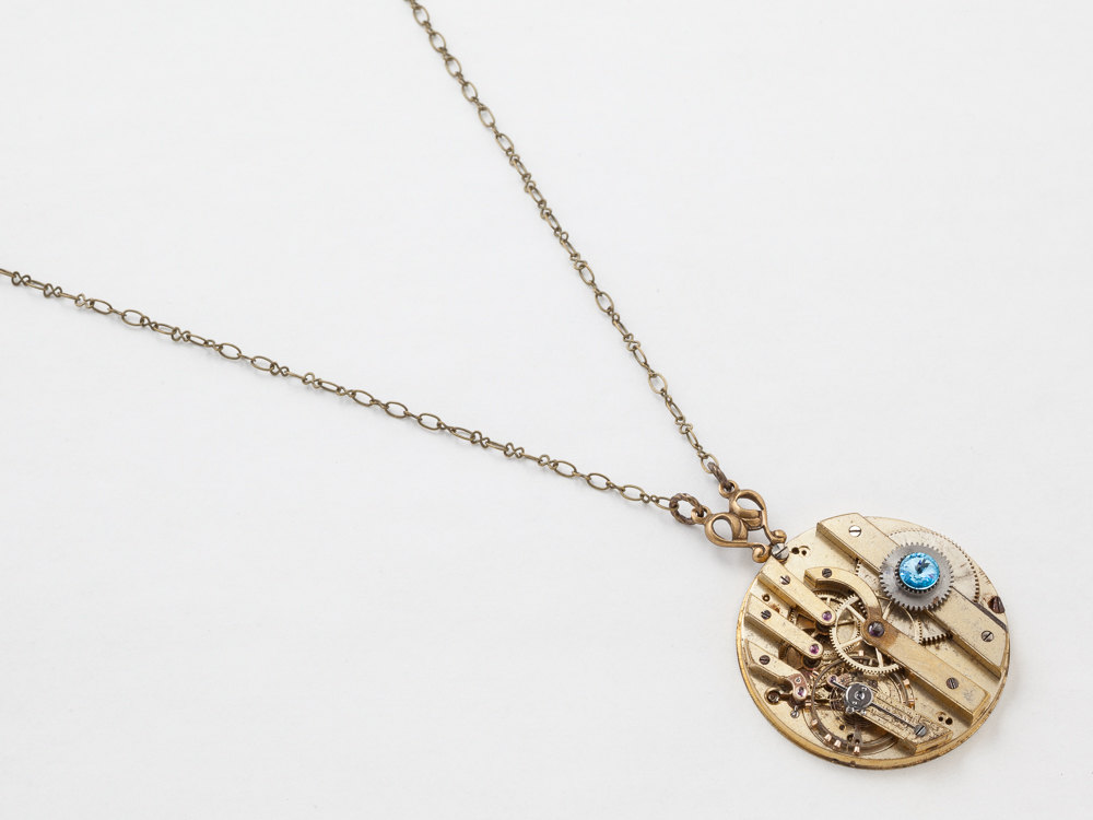 Steampunk Necklace gold pocket watch movement key wind gears Antique Victorian pendant Blue Topaz Statement Necklace jewelry