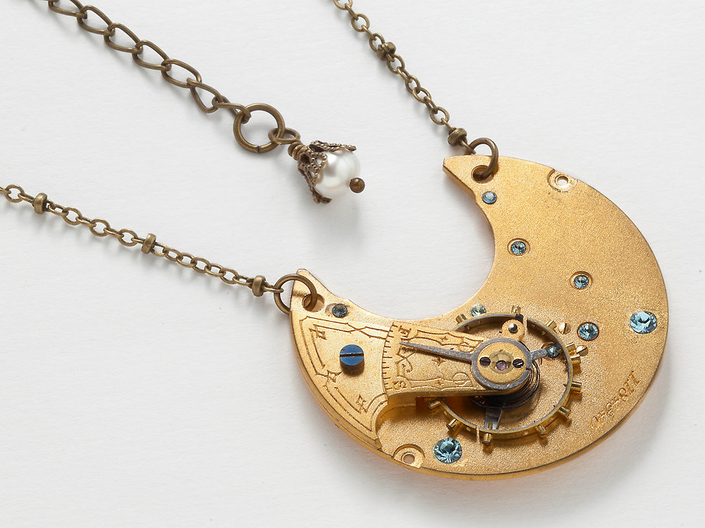 Steampunk necklace gold pocket watch movement plate gear engraved aquamarine blue crystal pendant jewelry