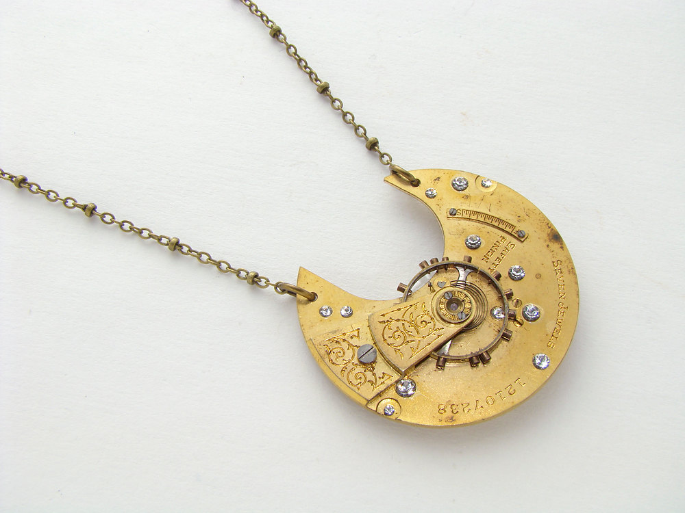 Steampunk necklace gold pocket watch movement plate gear engraved Swarovski crystal pendant jewelry