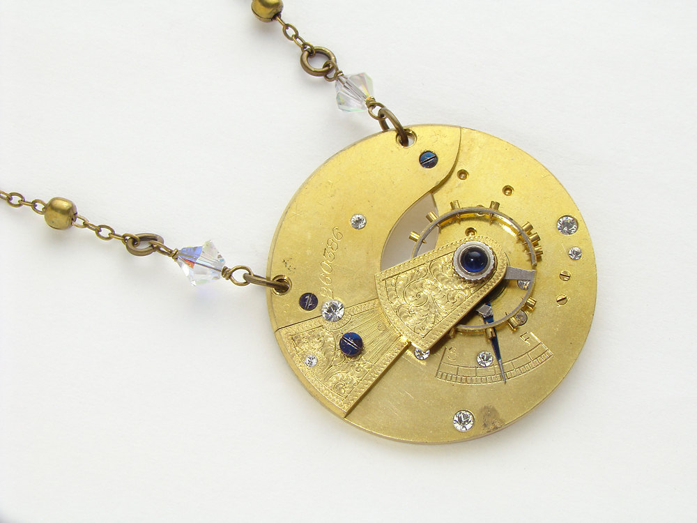 Steampunk necklace gold pocket watch movement plate gears engraved leaf Swarovski crystal