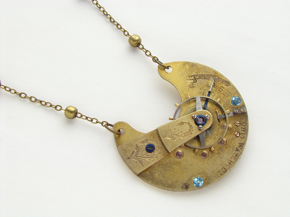 Steampunk necklace gold pocket watch movement plate gears guilloche leaf blue Swarovski crystal