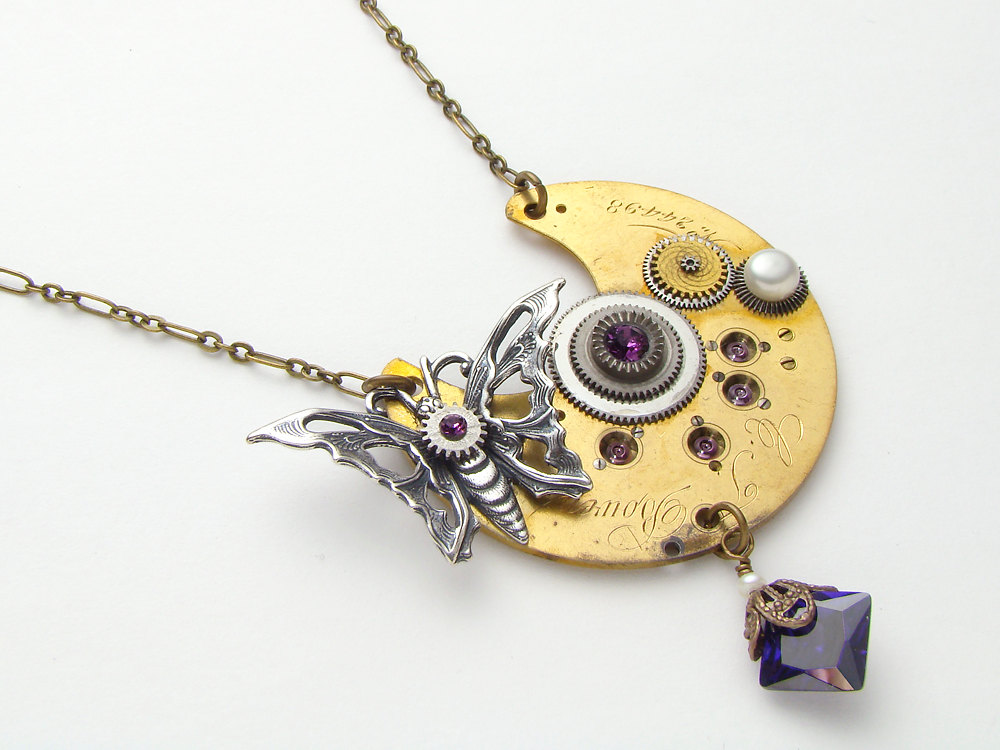 Steampunk necklace gold pocket watch movement plate gears silver butterfly pearl purple crystal