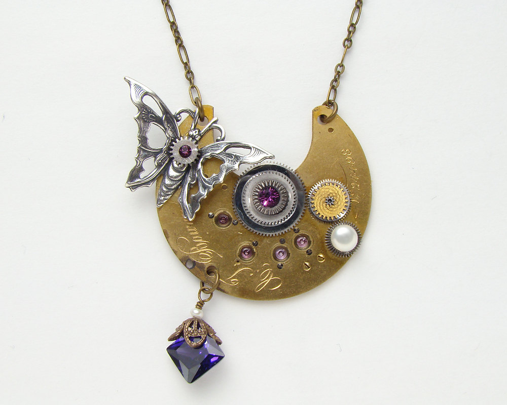Steampunk necklace gold pocket watch movement plate gears silver butterfly pearl purple crystal