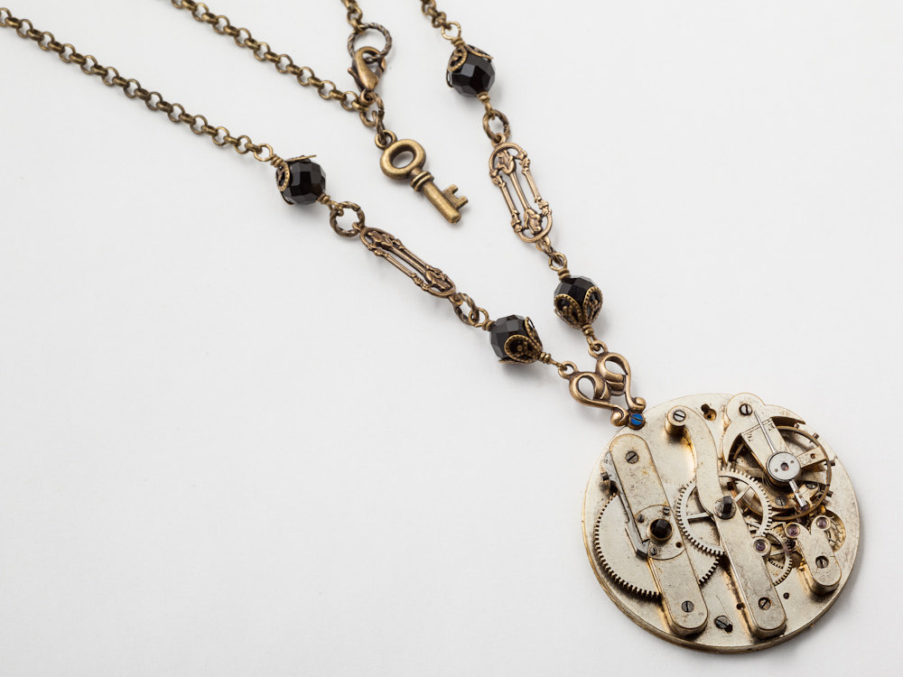Steampunk Necklace gold pocket watch movement skeleton key charm vintage black crystal Statement Necklace