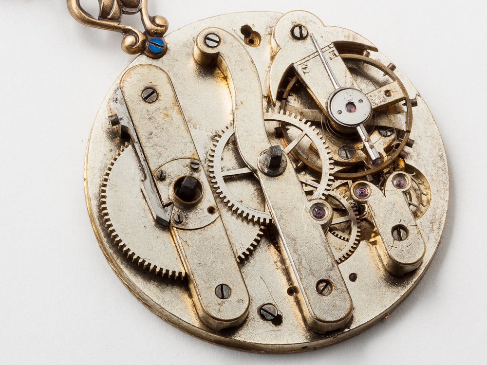 Steampunk Necklace gold pocket watch movement skeleton key charm vintage black crystal Statement Necklace