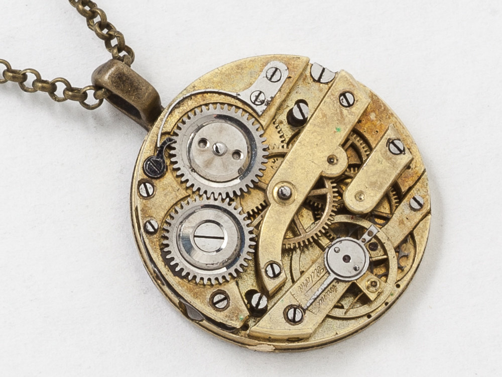 Steampunk Necklace Gold Pocket Watch Movement with Gears and Genuine Ruby Jewels Victorian Clockwork Pendant Statement Necklace