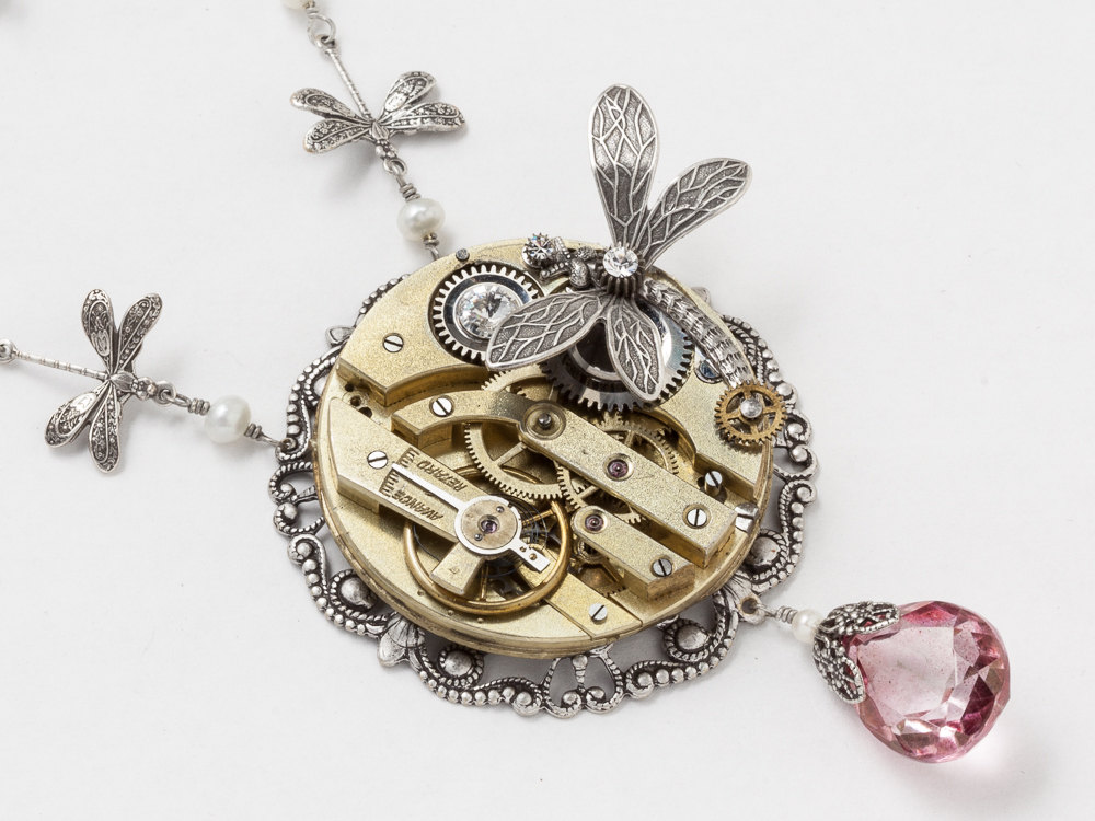 Steampunk Necklace gold pocket watch silver filigree mystic pink quartz pearl dragonfly Statement Necklace Steampunk Jewelry