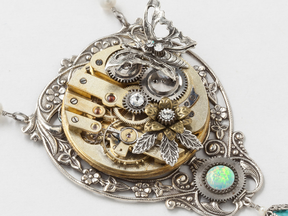 Steampunk Necklace Gold Pocket Watch with Opal Turquoise Crystal Pearl Butterfly Silver Filigree Leaf Statement Necklace