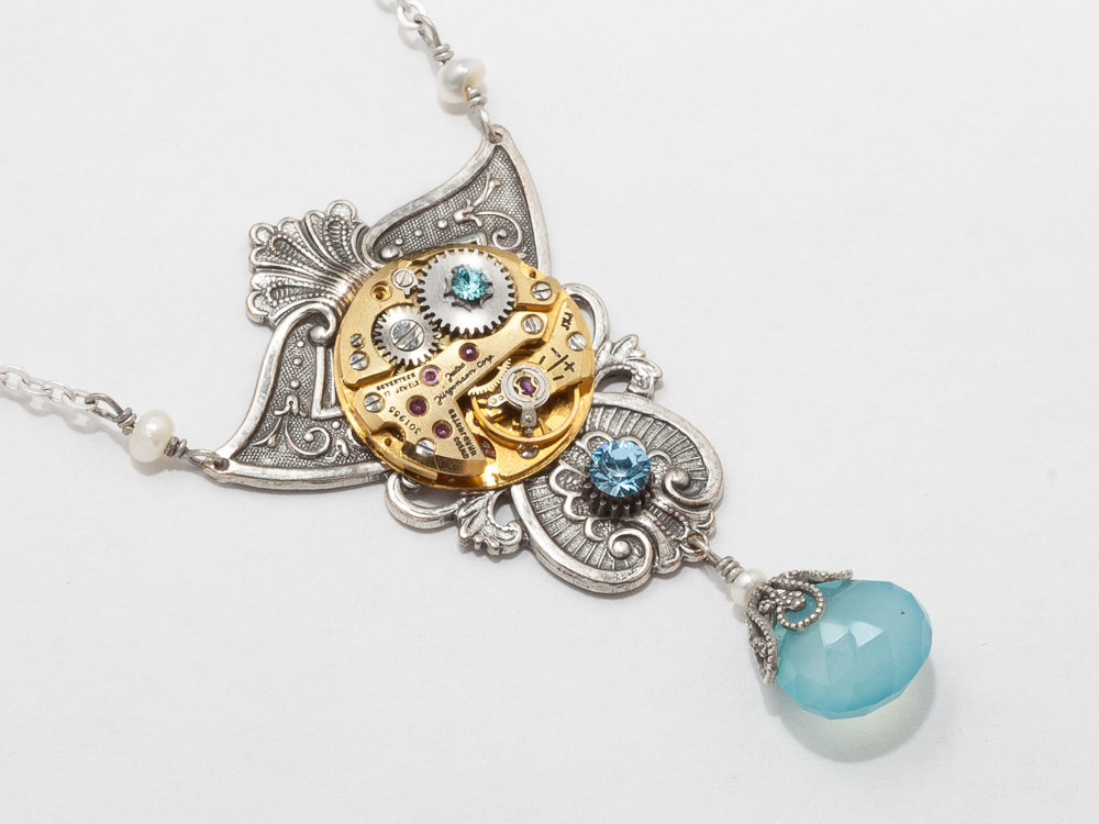 Steampunk Necklace gold watch movement gears blue crystal pearl Chalcedony silver filigree Statement necklace jewelry