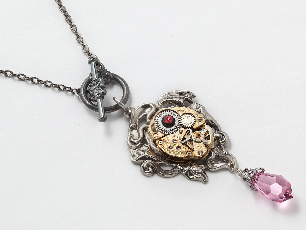 Steampunk Necklace gold watch movement gears pink Swarovski crystal Art Nouveau silver flower jewelry