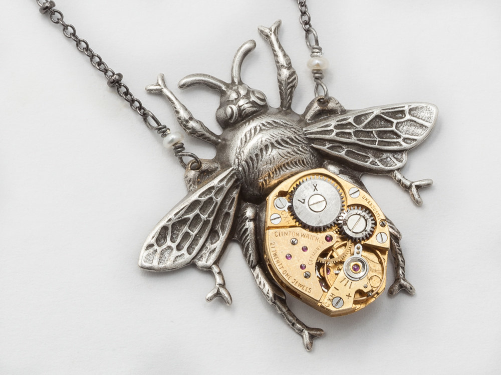 Steampunk Necklace gold watch movement gears silver bumble bee Steampunk Jewelry pendant Statement Necklace