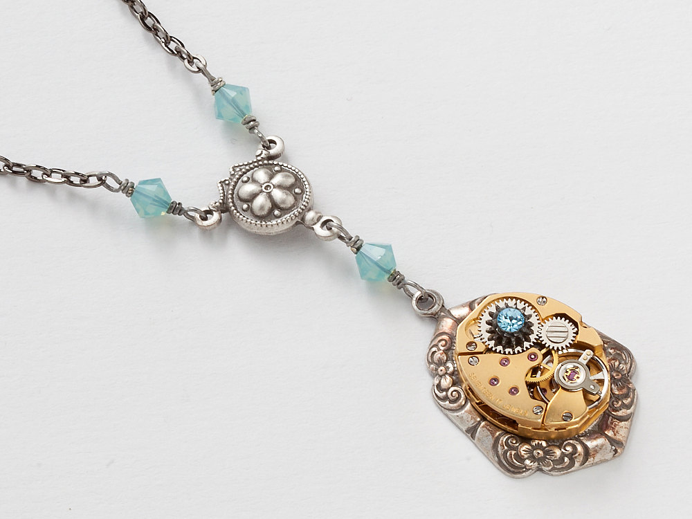 Steampunk Necklace gold watch movement gears silver flower blue opal crystal pendant jewelry