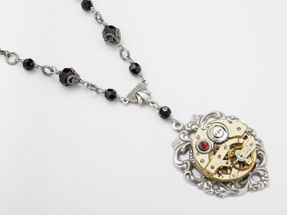 Steampunk Necklace gold watch movement gears silver heart flower filgree Victorian red black crystal jewelry