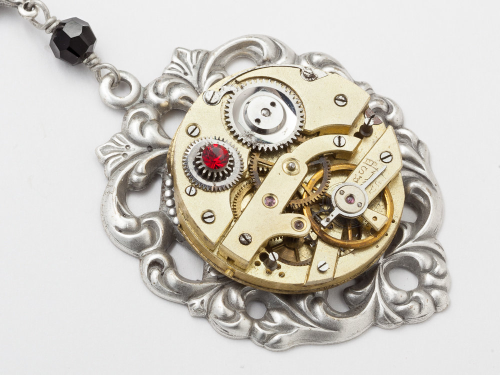 Steampunk Necklace gold watch movement gears silver heart flower filgree Victorian red black crystal jewelry