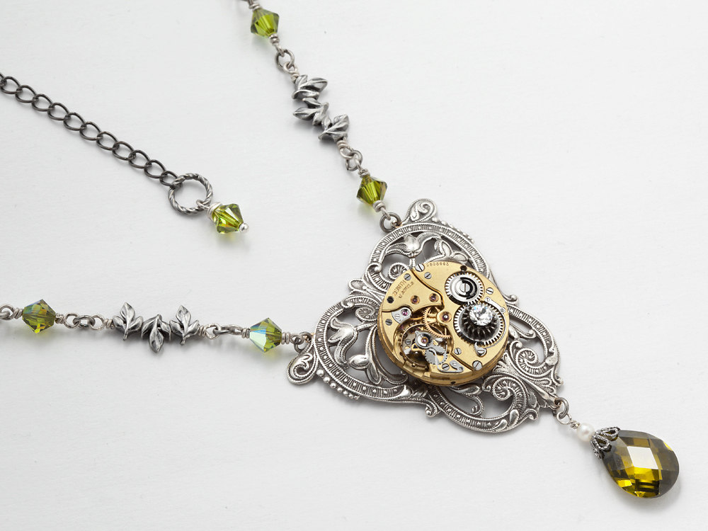 Steampunk Necklace gold watch movement gears silver leaf filigree green crystal pearl jewelry