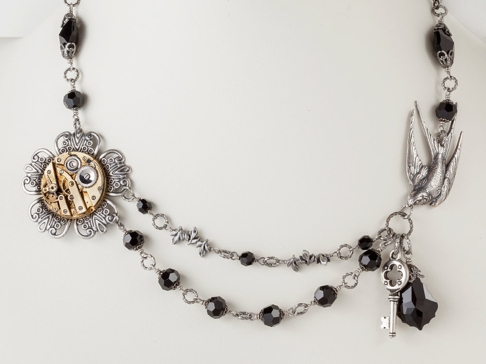 Steampunk Necklace gold watch movement silver flower leaf bird black jet crystal skeleton key charm jewelry
