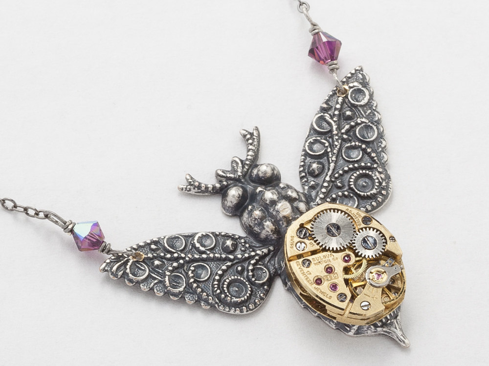 Steampunk Necklace gold watch movement silver Victorian bumble bee purple amethyst crystal pendant Statement Steampunk jewelry